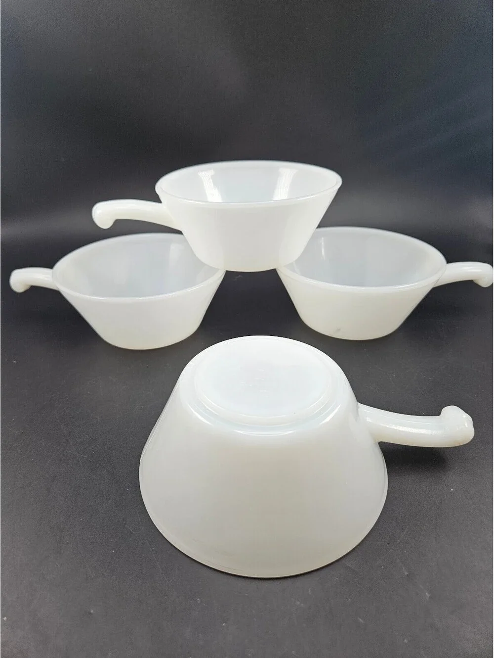 Set of 4 Fire-King Anchor Hocking White Milk Glass Handled Soup Chili Bowls #22